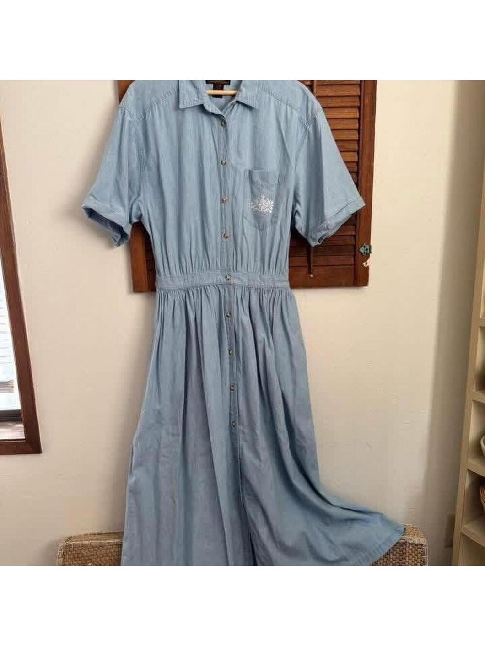 Blue 100% cotton cottage core denim dress with button-up front